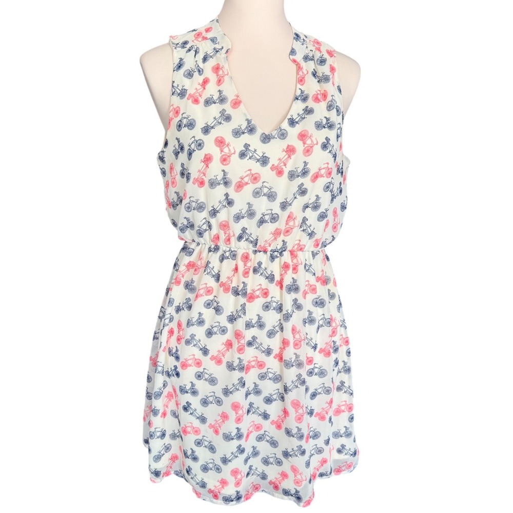 Hello Miss Ivory Bicycle Print Sleeveless Fit and Flare Dress Small